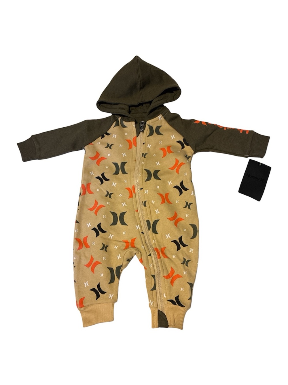 Hurley Olive & Tan Logo Hooded One-Piece for Kids zipper, size 6 Months new